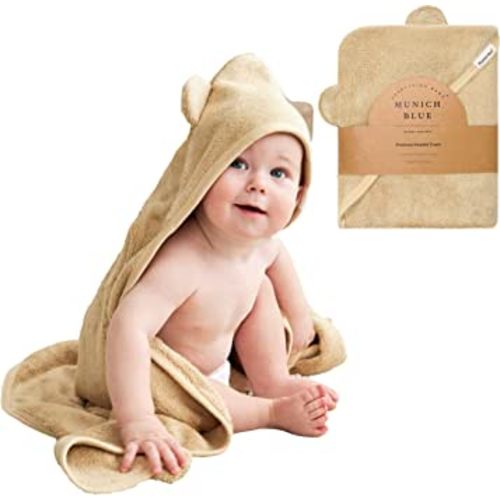 Munich Blue Hooded Bath Towel for Newborn and Toddler Girls and Boys - Soft and Cozy Baby Towel with Cute Bear Ears (600GSM, 35 x 35 inch)