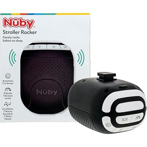 Nuby Stroller Rocker & Sound Machine – Portable Baby Soother with 3 Vibration Speeds, 20 Sounds, 5 Light Colors, Cry Sensor, USB-C Rechargeable, Attaches to Strollers & Cribs for Naptime Comfort