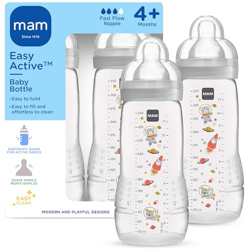 MAM Easy Active Baby Bottle 2 Pack, 11oz, BPA Free, Fast Flow Silicone Nipple, Anti-Slip Grip, Leak-Proof, 4+ Months, Cotton