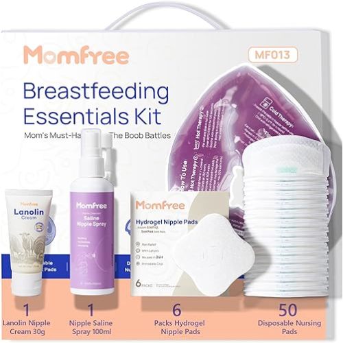 Breastfeeding Essentials Kit for Nursing Moms Nipple Relief,60 Piece Gift Set with Reusable Hot and Cold Breast Therapy Packs/Hydrogel Nipple Pads/Lanolin Nipple cream/Nursing Pads/Nipple Saline Spray