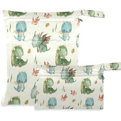 Watercolor Dragon Wet Dry Bag for Baby Cloth Diaper Waterproof Reusable Travel Wet Bag with Two Zippered Pockets for Swimsuits, 2 Pcs