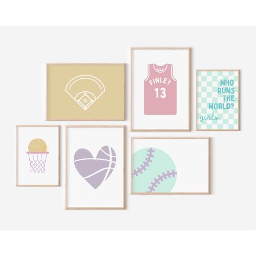 Personalized Girl Sport Set, Wall Art Set of 6 Downloadable Prints, Girl Sports Decor, Playroom Decor, Girls Room Print Basketball, Baseball