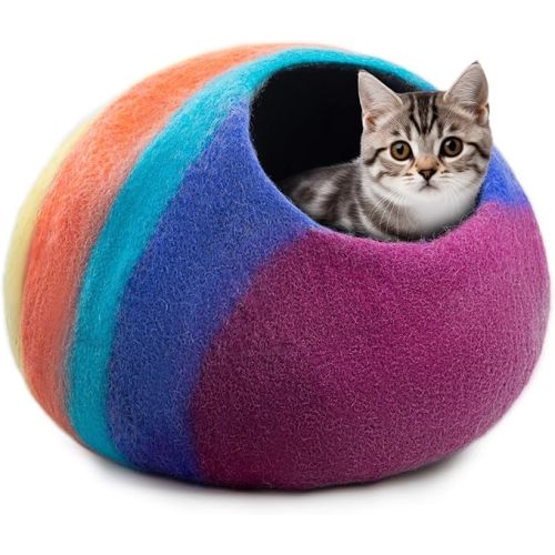 Woolygon Premium Felt Cat Cave Bed – Wool Kitty Beds Handcrafted Kitten Caves Bed for Indoor Cats - Made from Merino Wool, Foldable Cat Hideaway Covered Cat House Pod (Rainbow Twist)