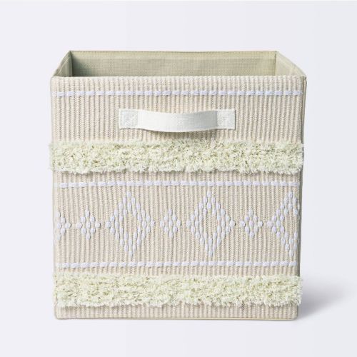 Tufted Fabric Cube Storage Bin - Khaki and Cream - Cloud Island™