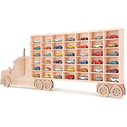 3D Wooden Toy Cars Display, Wall-Mounted for 42 Toy Cars, 1/64 Scale Model Car Organizer with Unique Patchwork Design