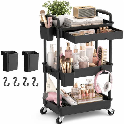 Yeabett 3 Tier Rolling Utility Cart Organizer with Removable Drawer, Mobile Storage Carts with 2 Lockable Wheels for Bathroom, Kitchen, Snack, Craft, Makeup, Baby Essentials, Black
