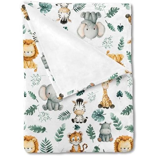 HawSkgFub Safari Jungle Animals Baby Blankets for Boys Shower Gift, Tropical Palm Leaf Flannel Fleece Nursery Bed Receiving Swaddle, Soft Lightweight Newborn Infant Toddler Kids Crib Bedding 30 x 40