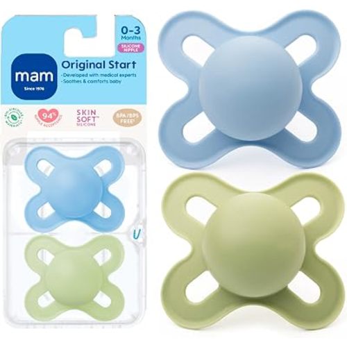 MAM Original Start Baby Pacifiers 0-3 Mths Skin Soft Silicone, 2 Pack