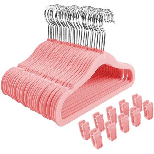 Finnhomy Non-Slip Clothes Hangers for Baby and Kids 30-Pack Velvet Hangers with 10 Finger Clips, Light Pink