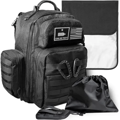 Dad Diaper Bag - Molle-Style Military Diaper Backpack Made of Rugged 900D Waterproof Polyester with Wider Extra-Long Straps, Pouch for Dirty Diapers, Baby Wipes Dispenser & Insulated Bottle Pockets