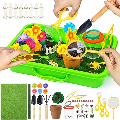 Cinrobiye 122 Pcs Spring Sensory Bin Fillers Insect Fine Motor Activity Set Mini Garden Sensory Bin Kit with Flowers Ladybugs Tools Storage Box for Sorting Counting Classroom Learning Activities