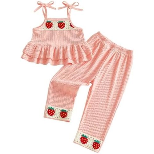 Kayotuas Toddler Girl Summer Clothes Vintage Strawberry Shortcake Baby Outfit Crochet Sleevless Ruffled Tank Top & Pants Set