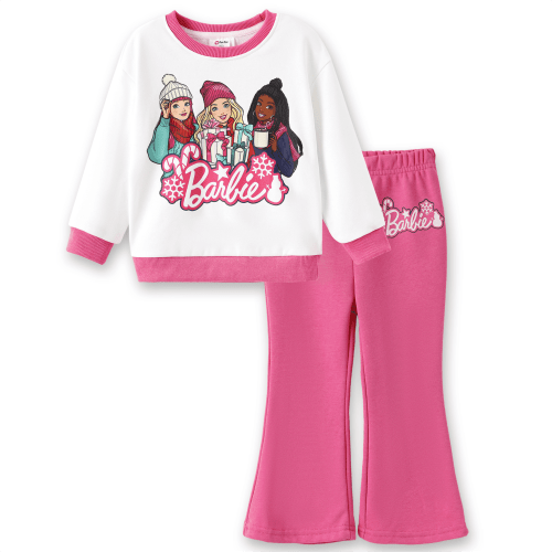 Barbie Toddler Girls Clothes 2pcs Outfit Set Christmas Long Sleeve Sweatshirt and Pink Bell Bottom Pants Holiday Kids Clothing 3Y
