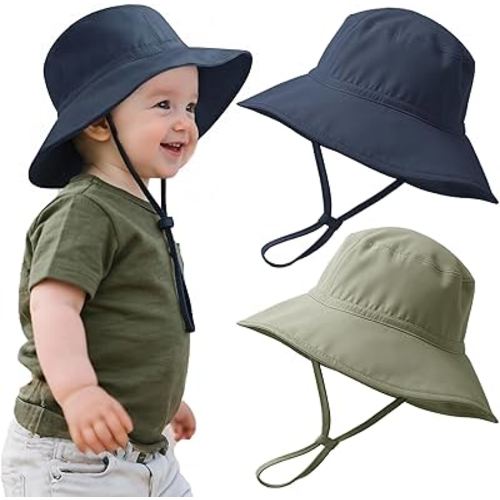 Konssy Baby Sun Hat 2 Pack, UPF 50+ Infant Bucket Hat, Summer Beach Hats with Wide Brim Adjustable Chin Strap, Soft-Lined