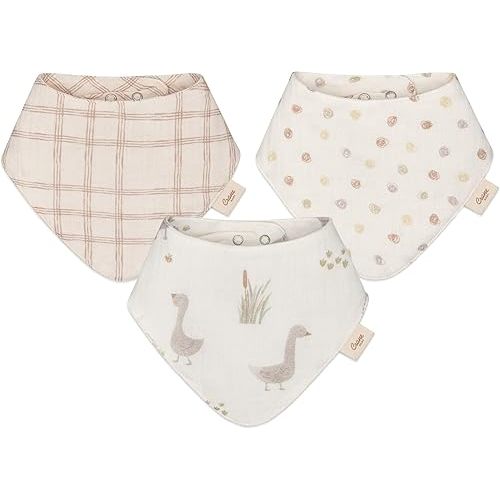 Crane Baby Cotton Bandana Bibs, Charlie Farmhouse Goose 3-pc. Set, Baby Bibs for Drooling and Teething, Rustic Farm Nursery Theme