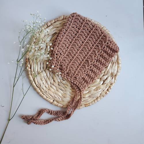 Handmade Knit Baby Pixie Bonnet, Brown Gender Neutral Hat (0-6 Months)
