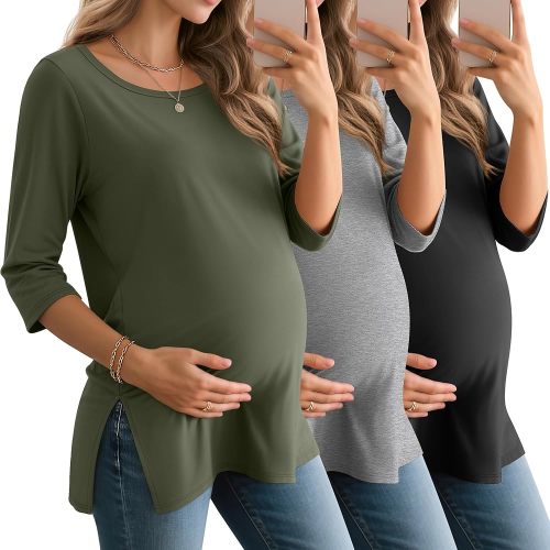 3 Pack Women's 3/4 Sleeve Maternity Shirts Elbow Length Clothes Round Neck Tunics Pregnancy Loose Side Split Tops