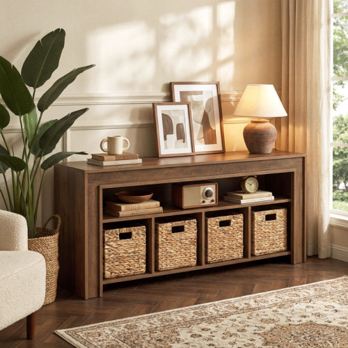 Gracie Oaks 63" Bookcase with 4 Woven Baskets, Farmhouse Low Bookshelf Storage Organizer | Wayfair