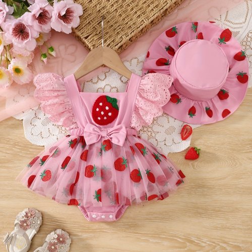 2pcs Girls' Summer Newborn Romper - Pink Ruffled Strap with Strawberry & Bow Embroidery, Pink Mesh Overalls & Sun Hat, Breathable Lightweight Outfit for Baby Girls, Baby Girl Outfits, Soft Texture Apparel, for Outdoor