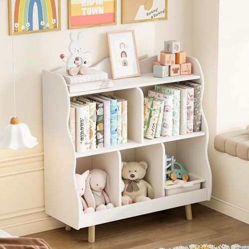 Treocho Kids Bookshelf and Toy Storage Orangizer, 3-Tier Wooden Children's Bookcase with Curve Design, 5 Cubbies Toy Storage Cabinet Display with Legs for Children's Room, Playroom, School, White