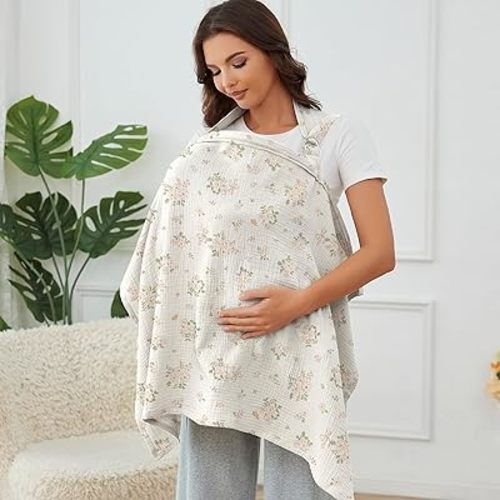 Muslin Nursing Cover for Baby Breastfeeding, Breathable 100% Cotton Breastfeeding Cover with Rigid Hoop for Mother Nursing Apron (Floral Love)
