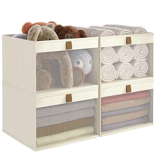 Linen Closet Organizers and Storage, Closet Storage Bins Basket Organizer, Foldable Organization Baskets with Mesh Window for Clothes Towels and Toys, 12.75" x 12.75" x 9", Beige, 4 pack