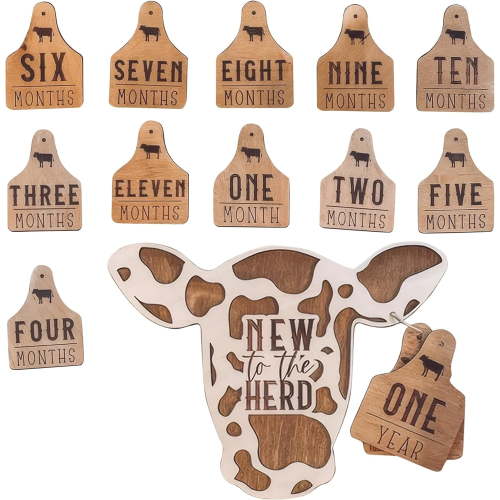 Cow Baby Monthly Milestone Cards:13Pcs Rustic Wooden Baby Milestone Sign,Highland Cow Baby Photoshoot Props to Record Baby's Growth,Baby Gifts for Pregnancy and Baby Shower