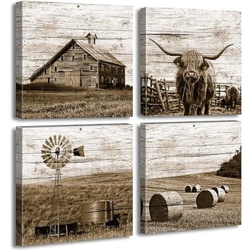 DJSYLIFE Farmhouse Highland Cow Canvas Wall Art, Rustic Western Decor 12×12