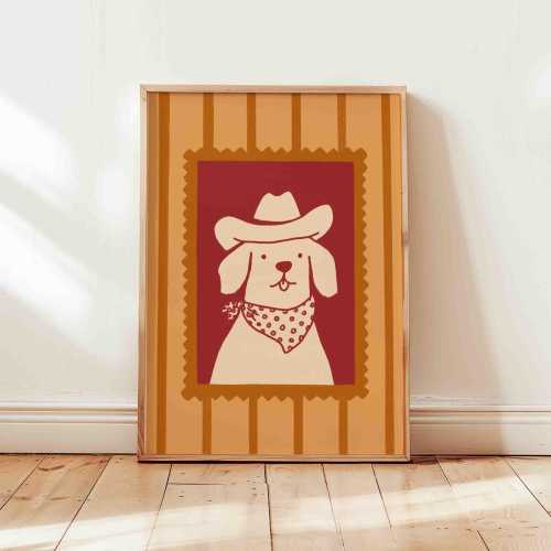 Cowboy dog poster, western themed print, retro stamp frame, hand drawn minimalist art, simple kids room decor, unframed, shipped wall art