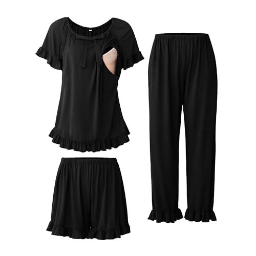 SUNNYBUY 3Pcs Ruffle Trim Postpartum Nursing Pajamas Set with Bowknot, Maternity Breastfeeding PJS Pregnancy Sleepwear