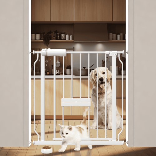 Fairy Baby Baby Safety Gate with Cat Door,24"-29" Pressure Mount Pet Gate White Metal