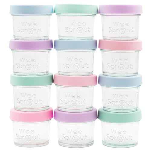 WeeSprout Glass Baby Food Storage Jars w/Lids (4 oz, 12 Pack Set) Snack, Puree, Reusable Small Containers, Breast Milk, Fridge or Freezer, Microwave & Dishwasher Safe, Essential Must Have for Infants
