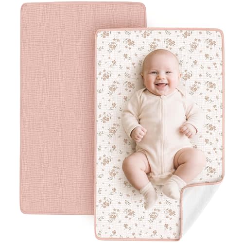 Konssy 2 Pack Waterproof Muslin Cotton Portable Changing Pad 30"x 17", Soft & Foldable Baby Changing Mat Travel Pad with Terry Backing, Shower Gift for Newborn Girls Boys (Pink,Blossom)