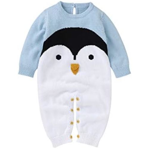 mimixiong Cotton One Piece Garment Layette Cable Knitted Warm Outfit for Infants and Toddler with Cute Penguin Pattern