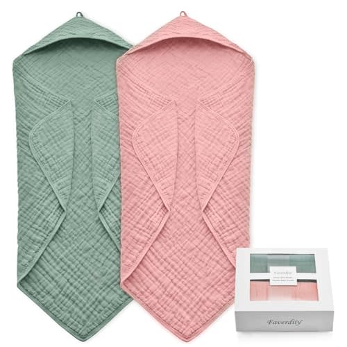 FAVERDIIY Hooded Baby Towels for Newborn, 35x35 Inch 2 Pack 100% Muslin Cotton Baby Bath Towel with Hood for Baby Toddler and Kids Baby Boy & Girl Towels, Dusty Pink+ Roman Green