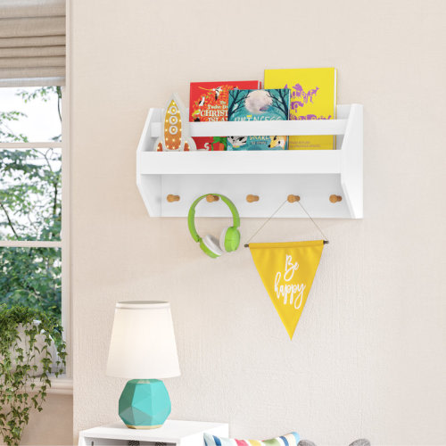 RiverRidge Home RiverRidge Kids Catch-All Wall Shelf with Bookrack and Hooks for Books and Bags - White with Pine Wood Accents & Reviews | Wayfair