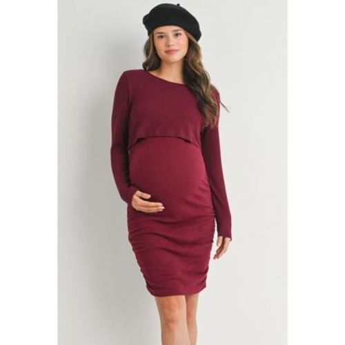 Hello Miz Women's Ribbed Long Sleeve Side Ruched Maternity Nursing Dress - Burgundy - Medium