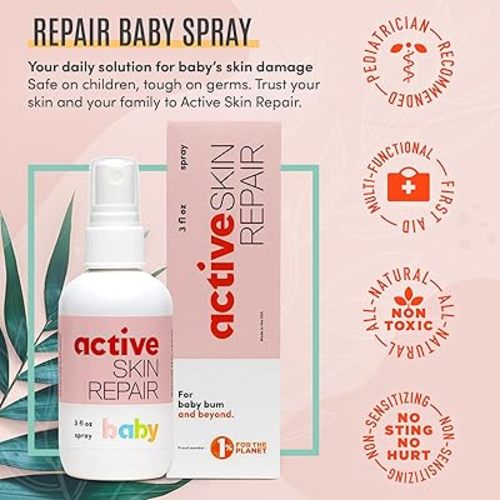 Active Skin Repair Natural, Non-Toxic, No Sting Baby Spray First Aid Safe For Use on Diaper Rash, Baby Acne, Eczema, Cuts, Wounds, Scrapes, and Other Skin Irritations (3 oz. Spray) (Pack of 2)