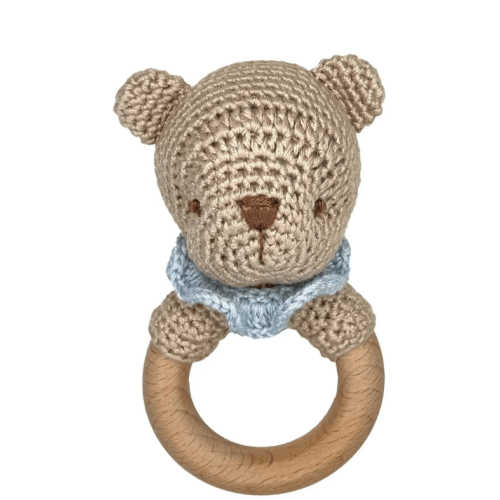 Bear Bamboo Crochet Woodring Rattle - Blue