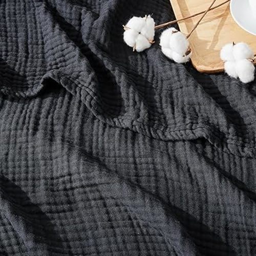 EMME Cotton Muslin Large Throw Blanket Couch Breathable Gauze Blanket Soft Lightweight Bed Blankets Adults (Black, 50"x70")