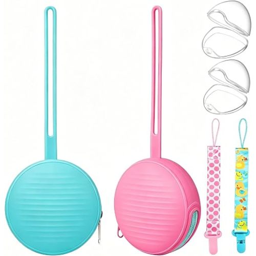 Silicone Pacifier Holder Case Set - 2 Portable Binky Pouches with 2 Transparent Storage Boxes & 2 Pacifier Clips, BPA Free
