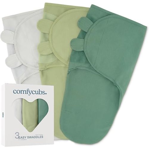 Comfy Cubs Easy Swaddle Blanket, 3 Pack - 100% Cotton Newborn Wrap, Small for 0-3 Months Infants, with Adjustable Velcro, Breathable and Durable Sleep Sack for Babies - Stone, Sage, Azul