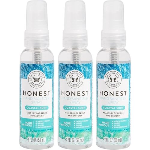 The Honest Company Plant-Based Hand Sanitizer Spray | Kills 99.9% of Germs | Hypoallergenic, Quick-drying + Moisturizing | Coastal Surf, 2 fl oz each (pack of 3)