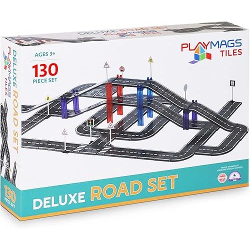 Playmags Magnetic Tiles Road Set for Kids - 130-Pieces Magnet Building Blocks Toy - Durable Creative STEM Learning Toys with Curved & Straight Car Race Track for Kids Ages 3+