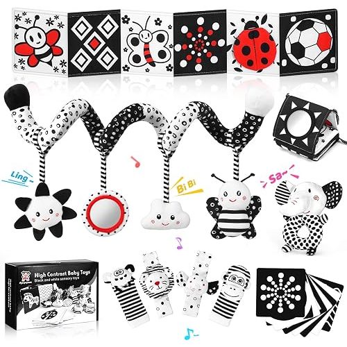 Newborn Toys,High Contrast Black & White Baby Toys 0-6 Months with Sensory Cards & Rattle, Essential for Brain Development, Tummy Time & Car Seat Toys for 0 2 4 6 Month Old