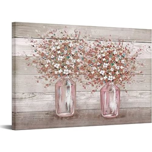 RyounoArt Pink Floral Pictures Wall Decor Pink and Grey Flowers in Vase Canvas Art Painting Farmhouse Decoration Ready to Hang 24"x36"