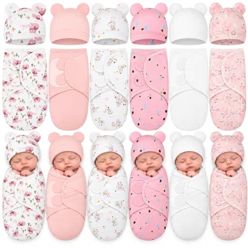 Ramede 6 Pack Baby Swaddle Blankets with Hats,Bear,Pink | Soft Cotton Wrap for Newborn Boys 0-3 Months, Adjustable Breathable Sleep Sack Set, Skin-comfortable Receiving Blanket