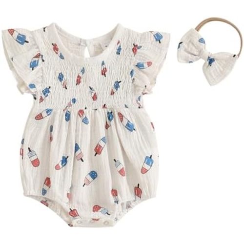 Newborn Baby Girl Clothes Ruffle Sleeve Solid Smocked Bubble Romper Jumpsuit Bow Headband Cute Summer Clothes