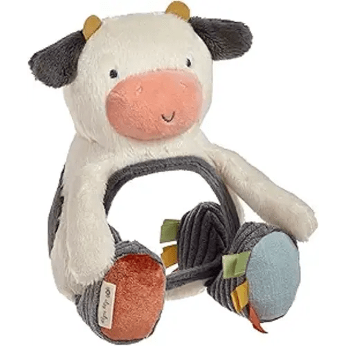 Itzy Ritzy Sensory Tummy Time Toy Mirror - Features Crinkle & Jingle Sounds, Multiple Textures and Mirror for Self-Discovery, Infant Toy for Ages 0 Months and Up, Cow