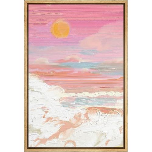 SIGNFORD Framed Canvas Print Wall Art Pastel Watercolor Pink Sunset Cloud Nature Wilderness Illustrations Modern Art Vibrant Girl's Bedroom Colorful for Living Room, Bedroom, Office - 16"x24" Natural